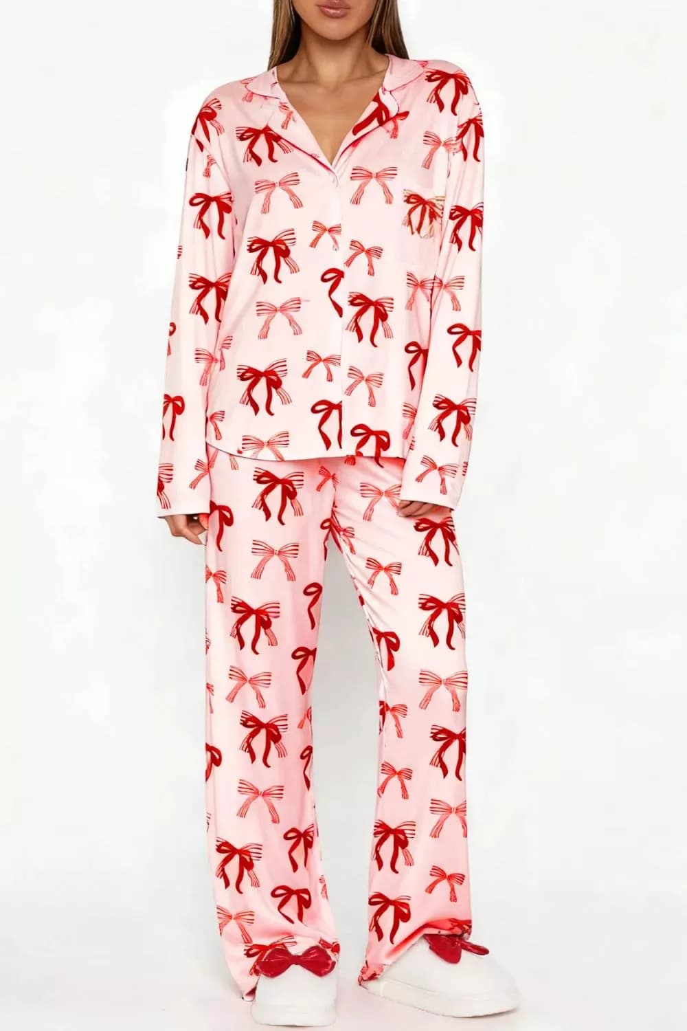 Bow Print Top and Wide Leg Pants Lounge Set