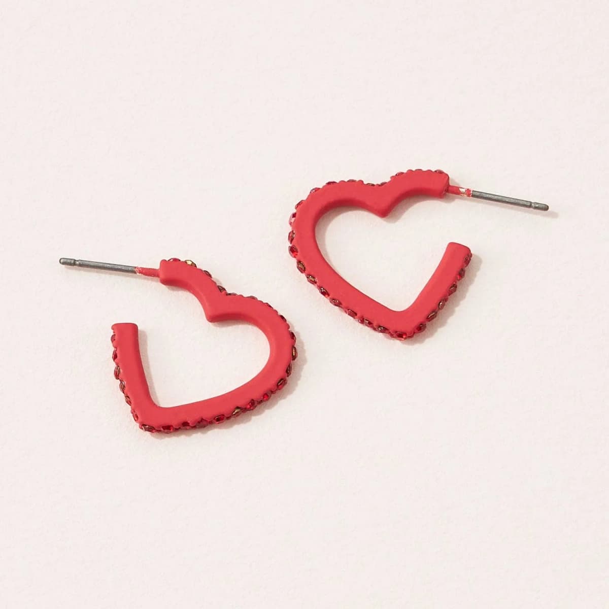 Matte Color Coating Heart Hoop Earrings with Pave Stone (Red)