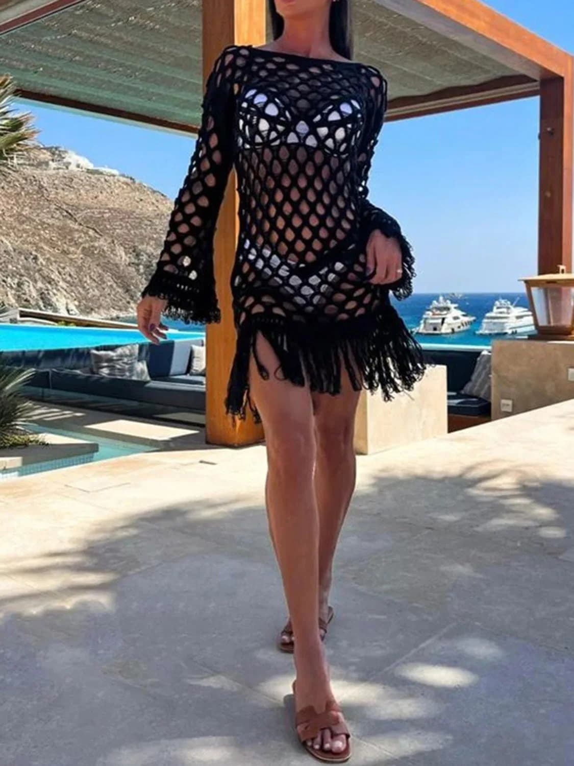 Fringe Cutout Long Sleeve Cover Up Multiple Colors