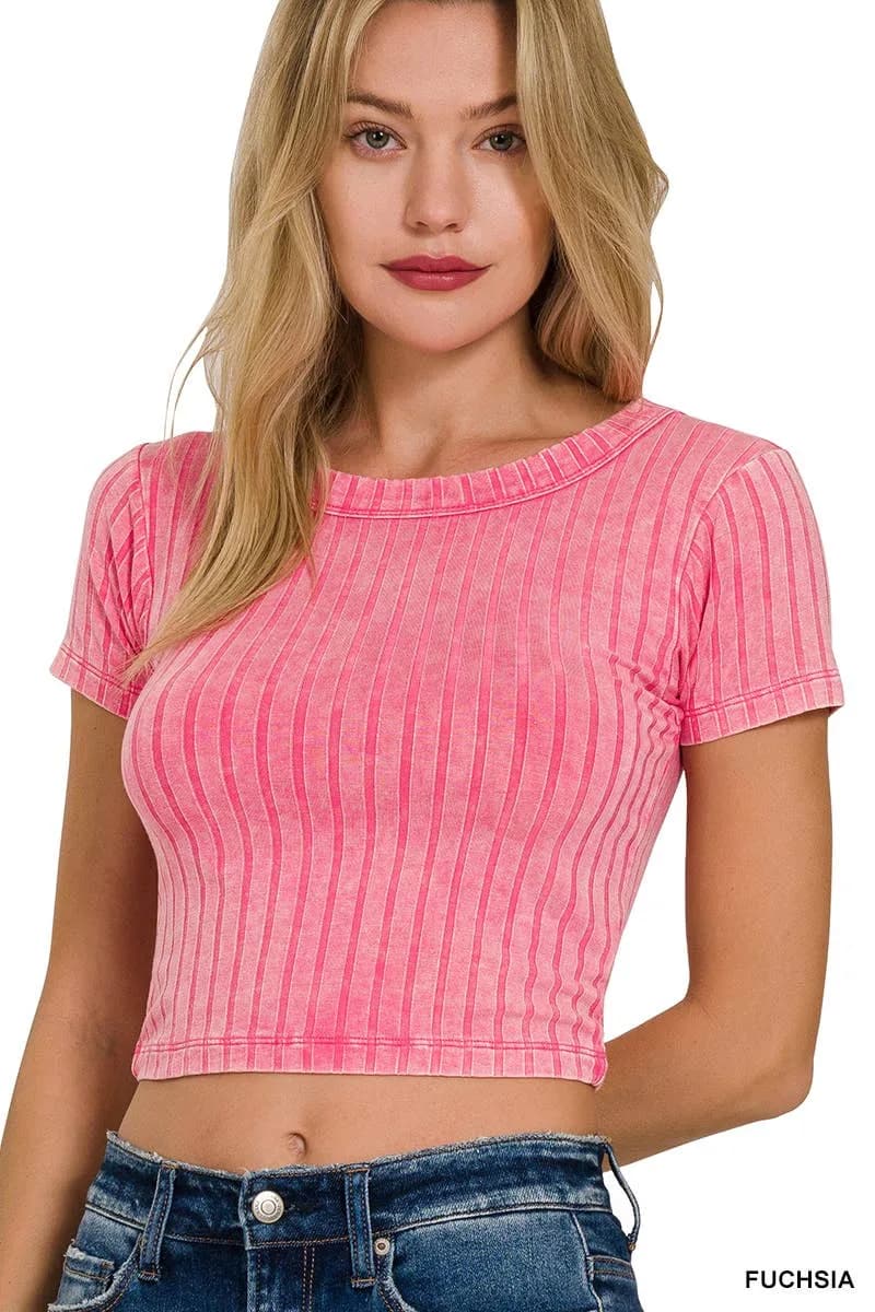 Ribbed Short Sleeve Crop Top Zenana (Fushia)