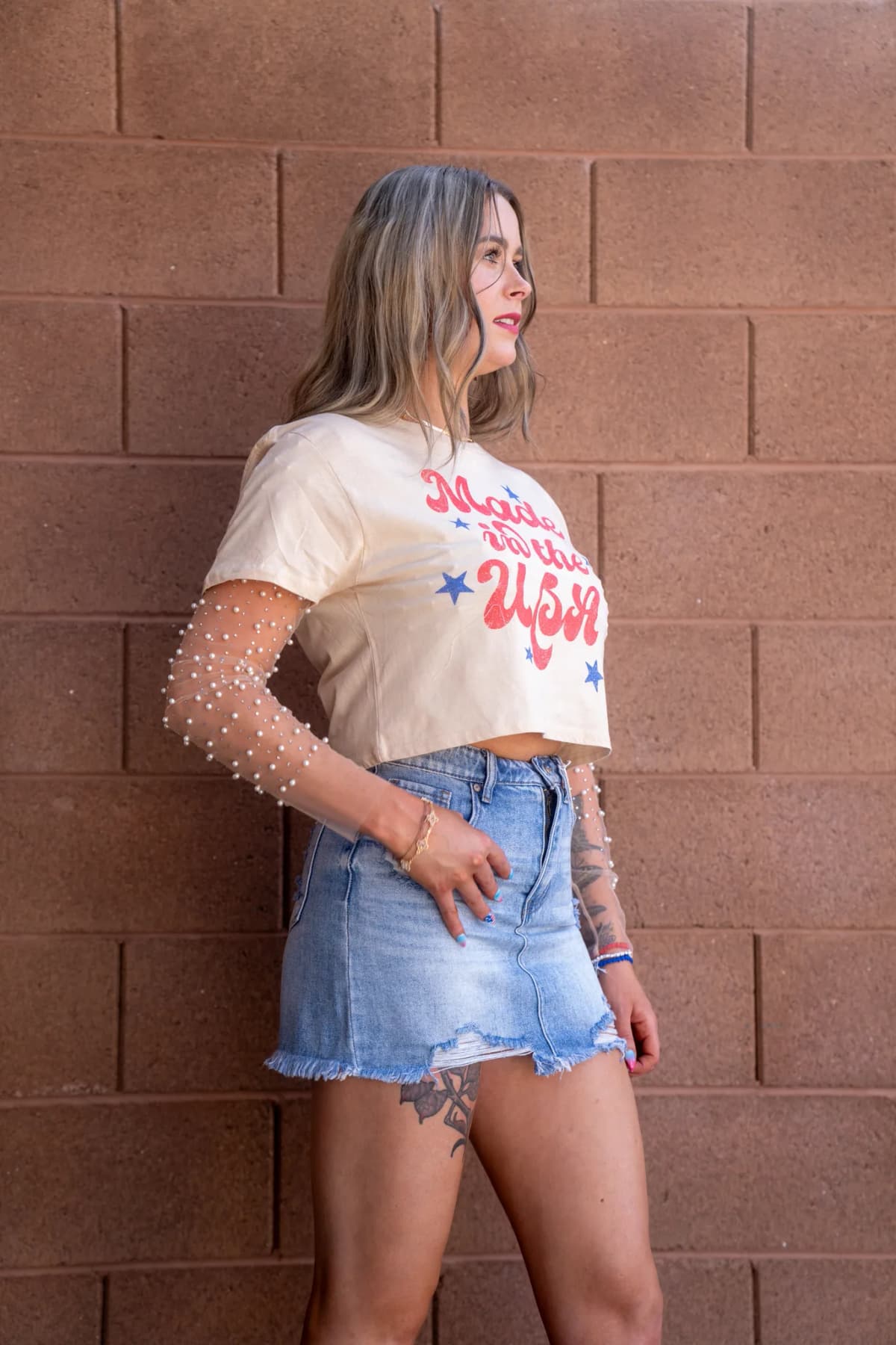 Pearl Rhinestone Studded Sheer Mesh See Through Top