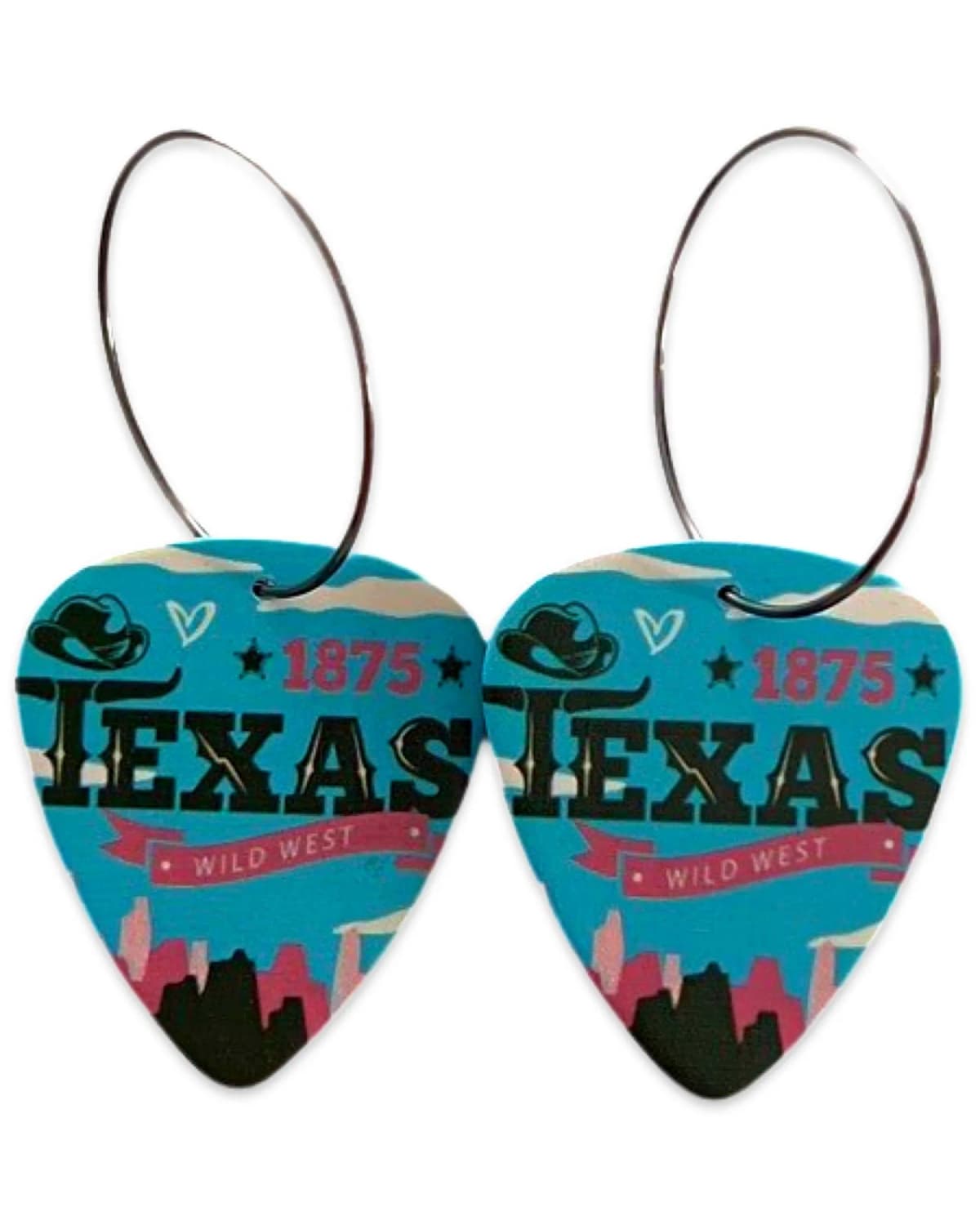 Stainless Steel Texas Wild West Blue Reversible Single Guitar Pick Earrings (25mm)