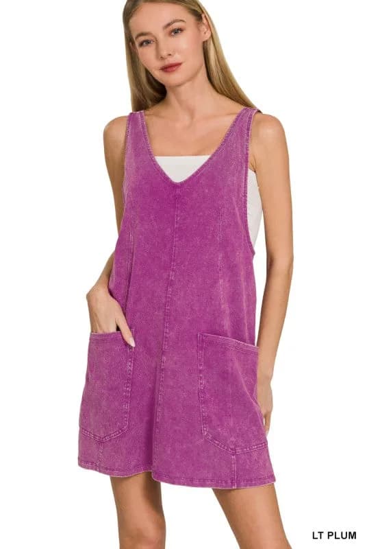 Acid Washed Adjustable Strap Overall Knit Mini Dress