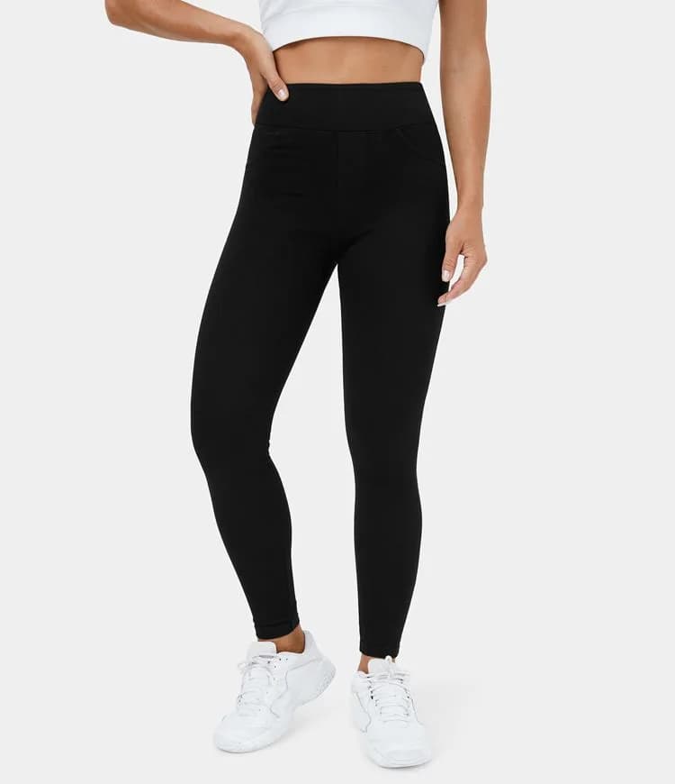 High Waisted Back Pocket Stretchy Knit Denim Casual Leggings by Halara (Black)