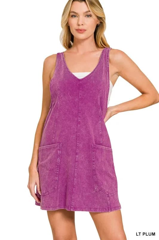 Acid Washed Adjustable Strap Overall Knit Mini Dress