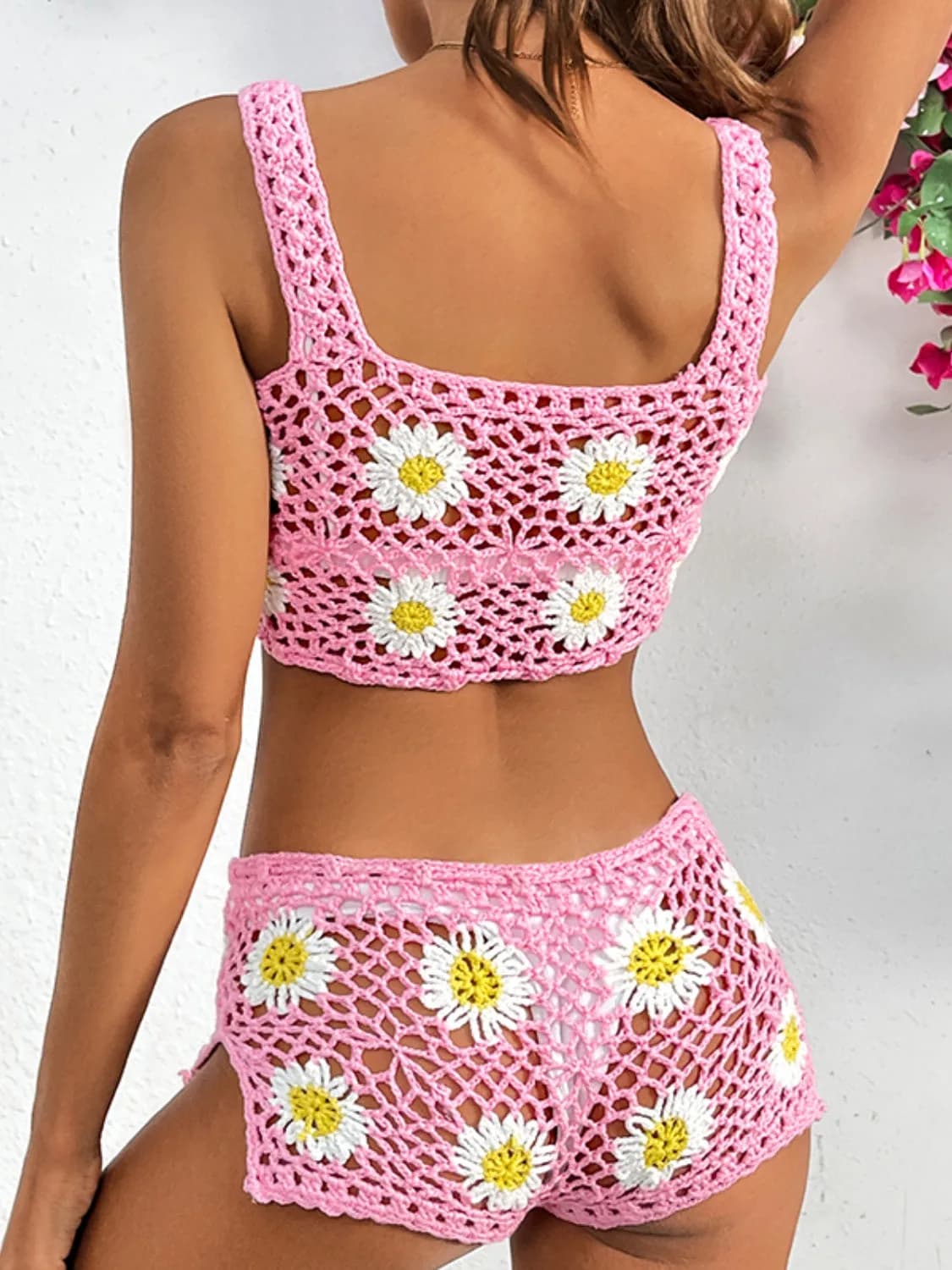 Flower Cutout Wide Strap Two Piece Cover Up Multiple Colors