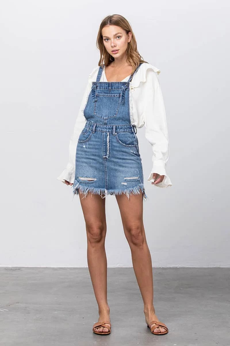 Frayed Hem Distressed Overall Denim Skirt