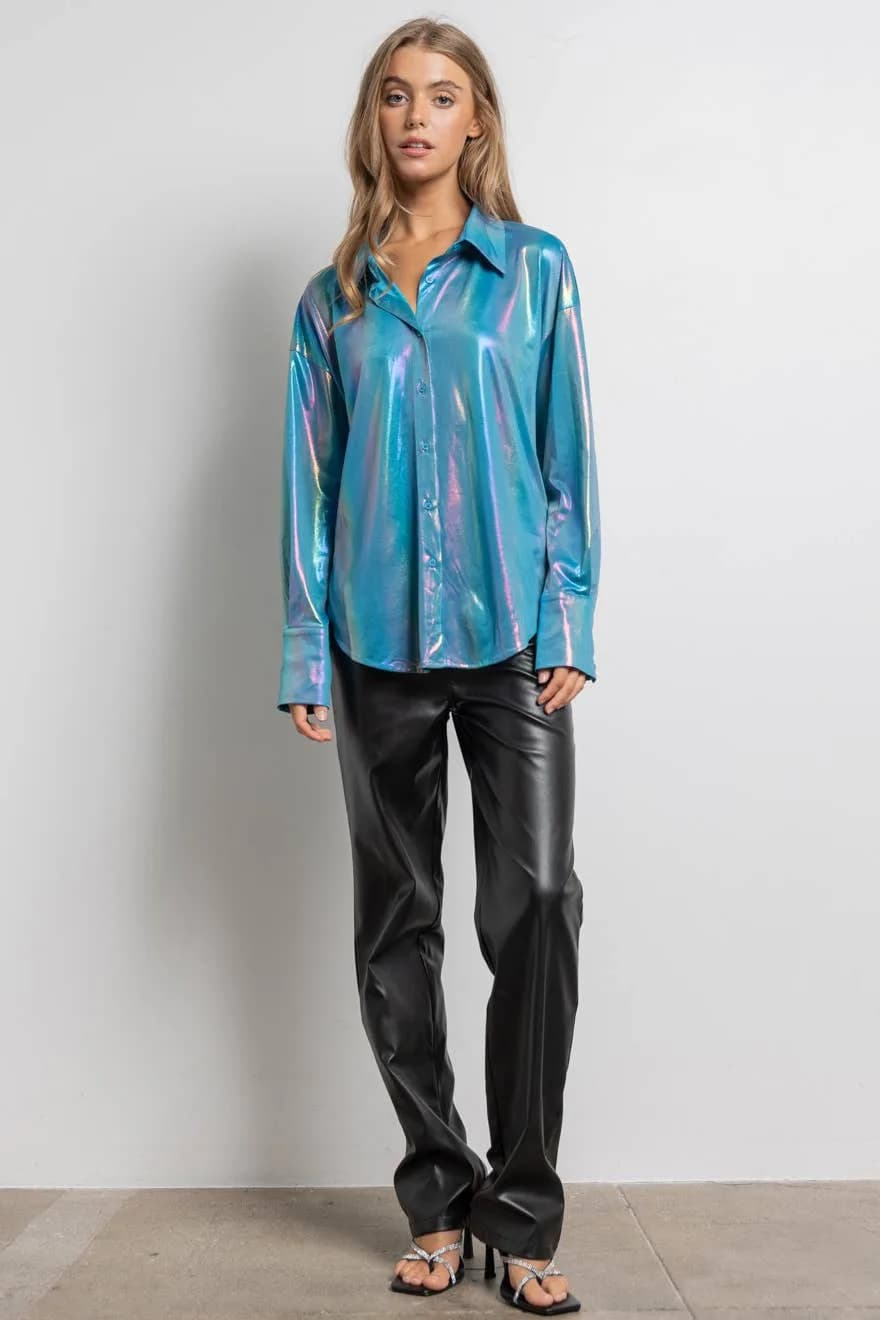 Rainbow Button Up Long Sleeve Blouse Shirt by KIWI