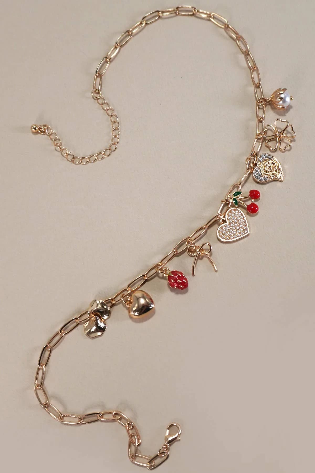 Multi Charm Bow Cherry Heart Necklace