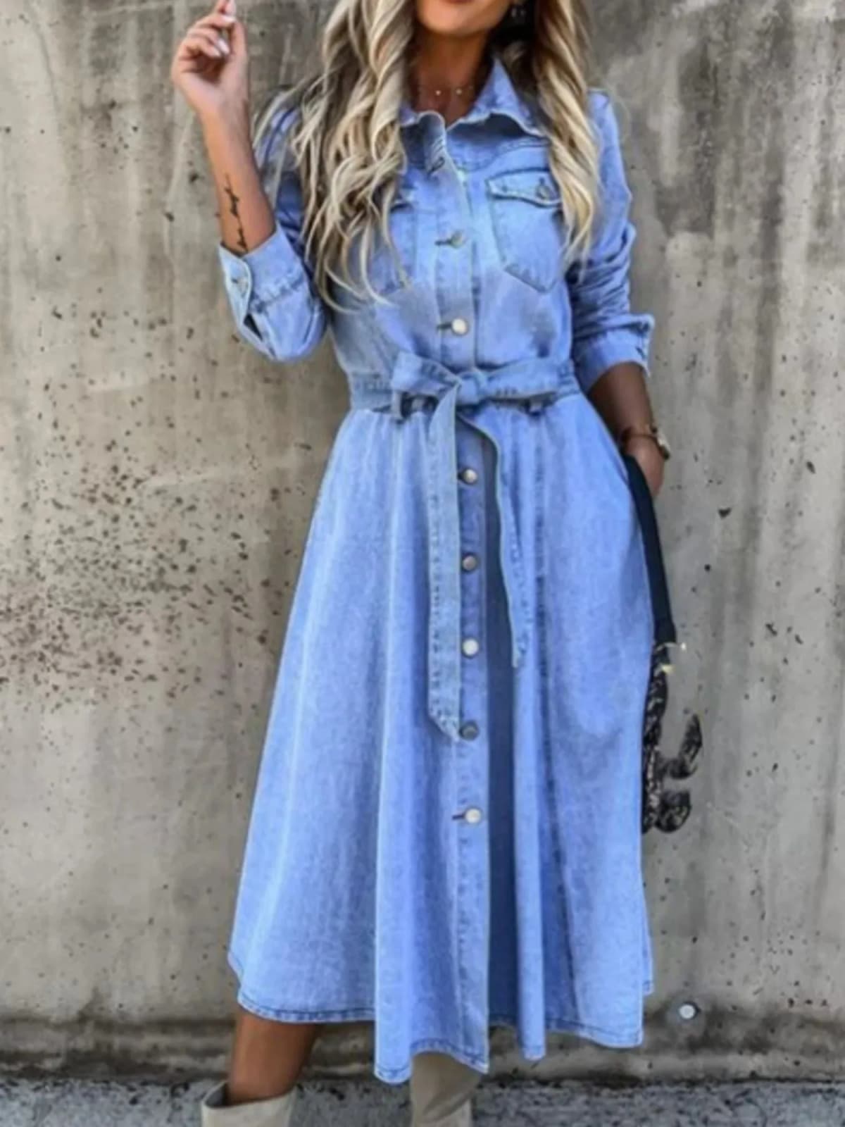All Sizes Tie Waist Button Front Denim Shirt Dress