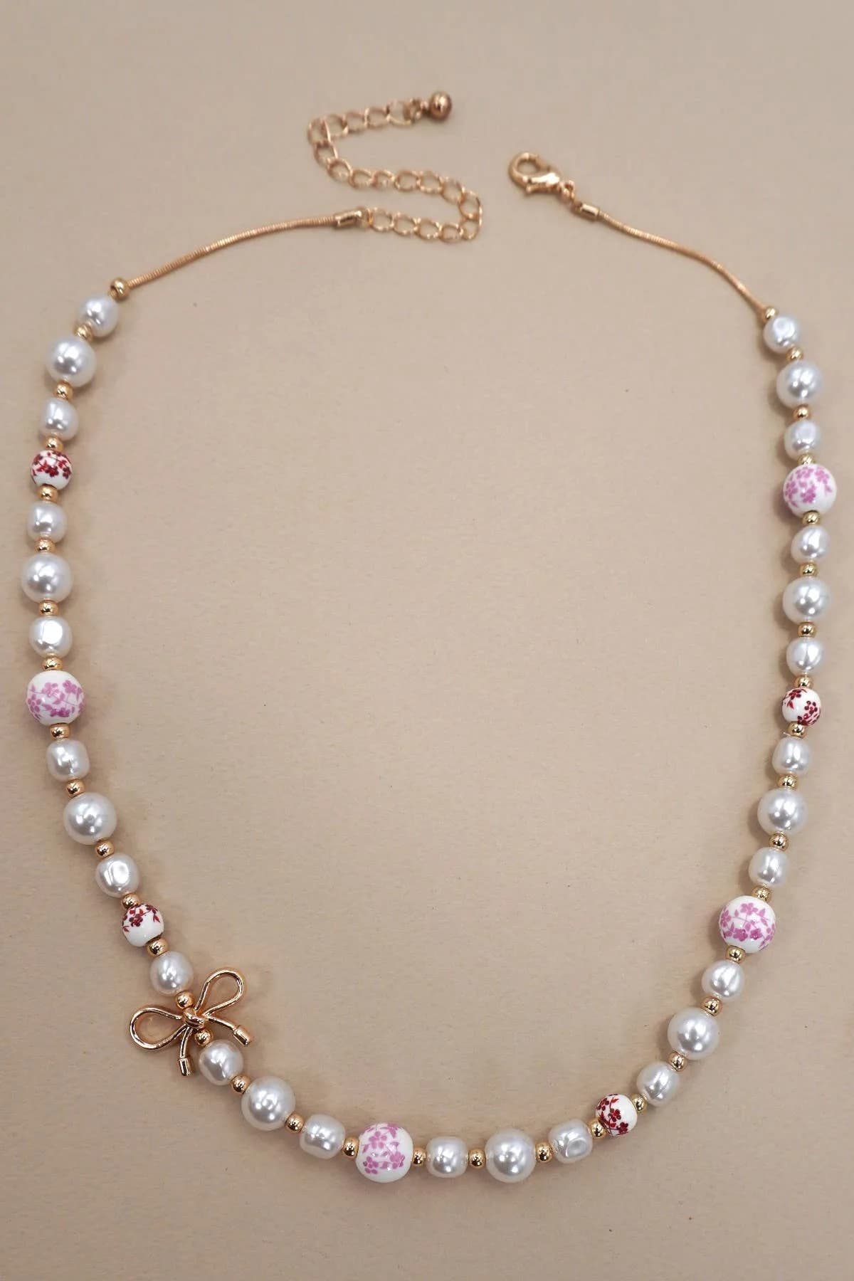 Pink Ceramic Porcelain Pearl Bow Necklace