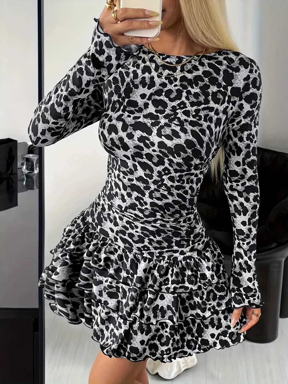 Long Sleeve Ruffled Hem Mini Dress