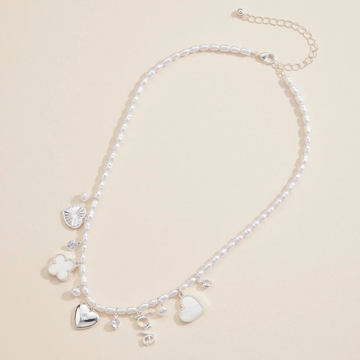 Pearl Charm Necklace with Gold Silver Accents Love Heart Pendant Jewelry (Silver)