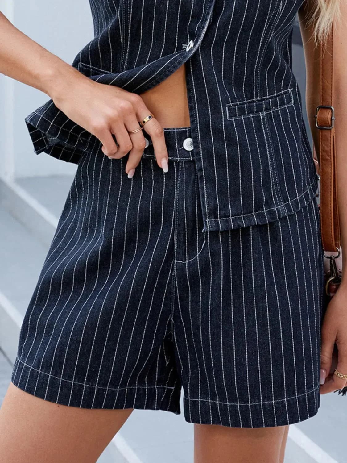 Moni Round Neck Striped Top and Shorts Denim Set