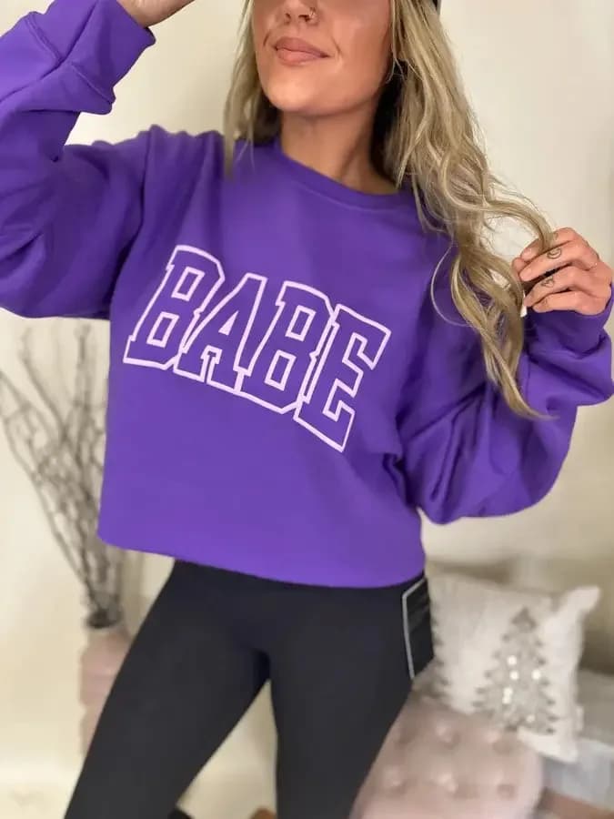 Babe Purple Cropped Puff Print Graphic Crewneck