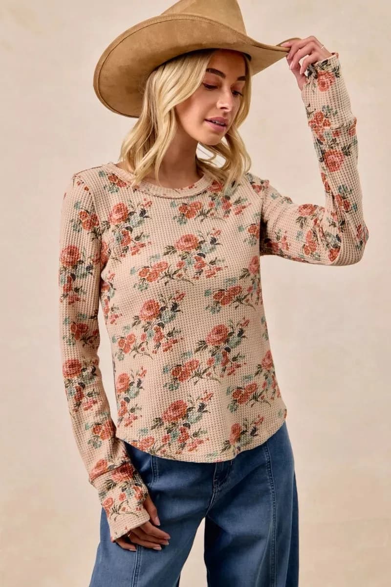 BiBi Floral Print Washed Waffle Thermal Top with Thumb
