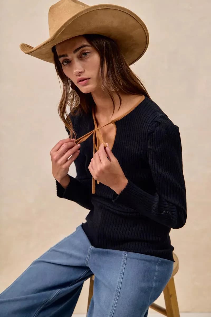 BiBi Ribbed Contrast Front Tied Top with Shried