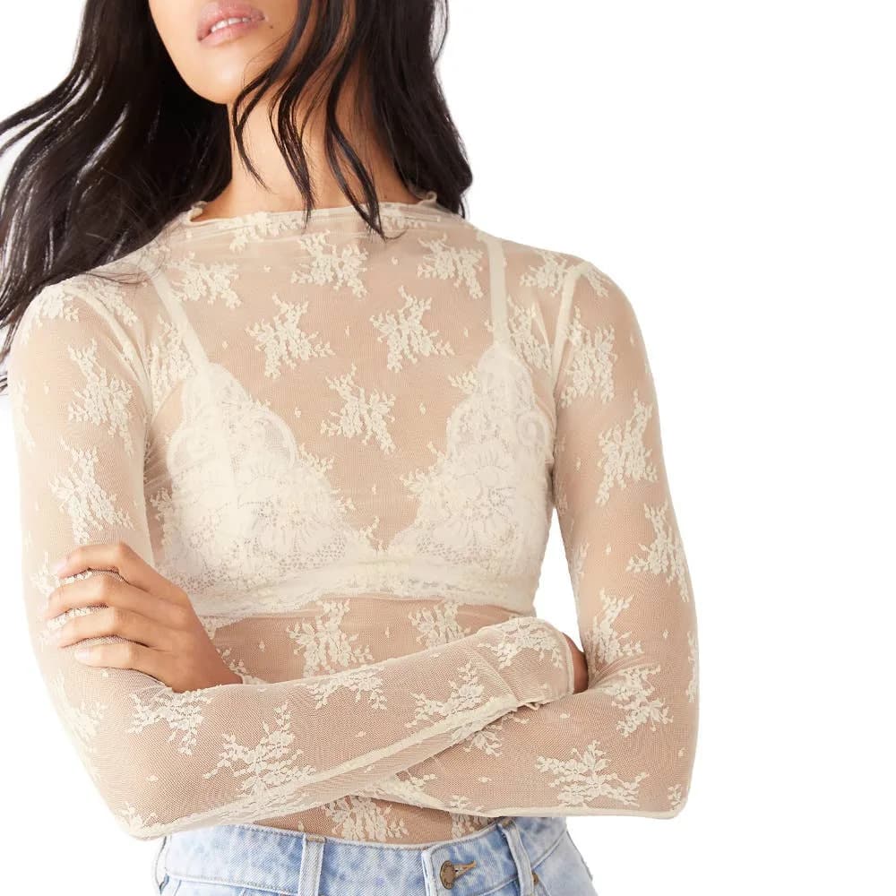 Sheer Lace Top Shirt Rosa Clothing (Brown)