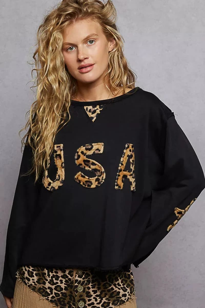 POL Round Neck Long Sleeve French Terry Sweatshirt with USA Letter Animal Patch