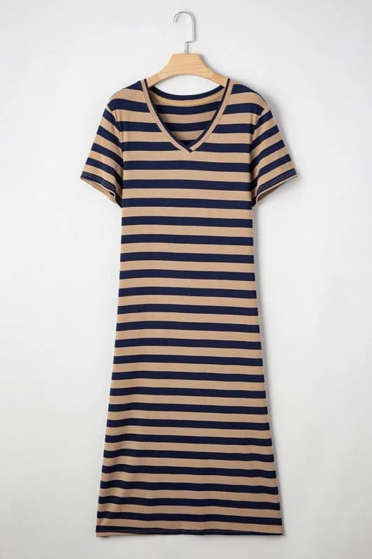 Stripe V-Neck Side Slit Maxi Dress