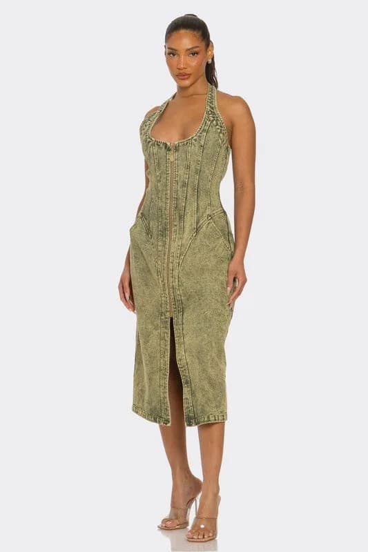 Contour Fit Zip-Front Denim Midi Dress