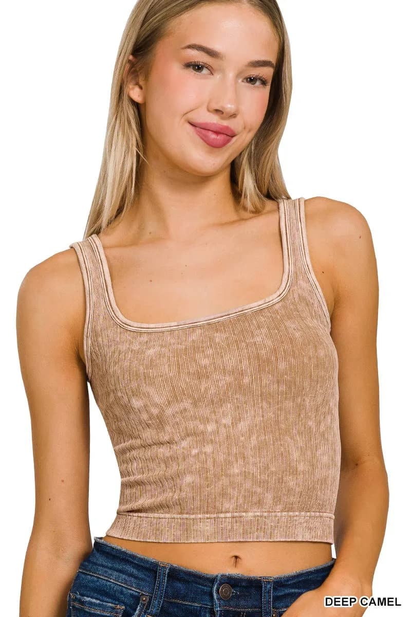Washed Ribbed Cropped Tank Top Zenana (Camel)