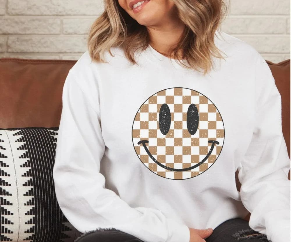 Checker Happy Smiley Face Crew Neck Sweatshirt Amy Anne Apparel Inc (Pink)