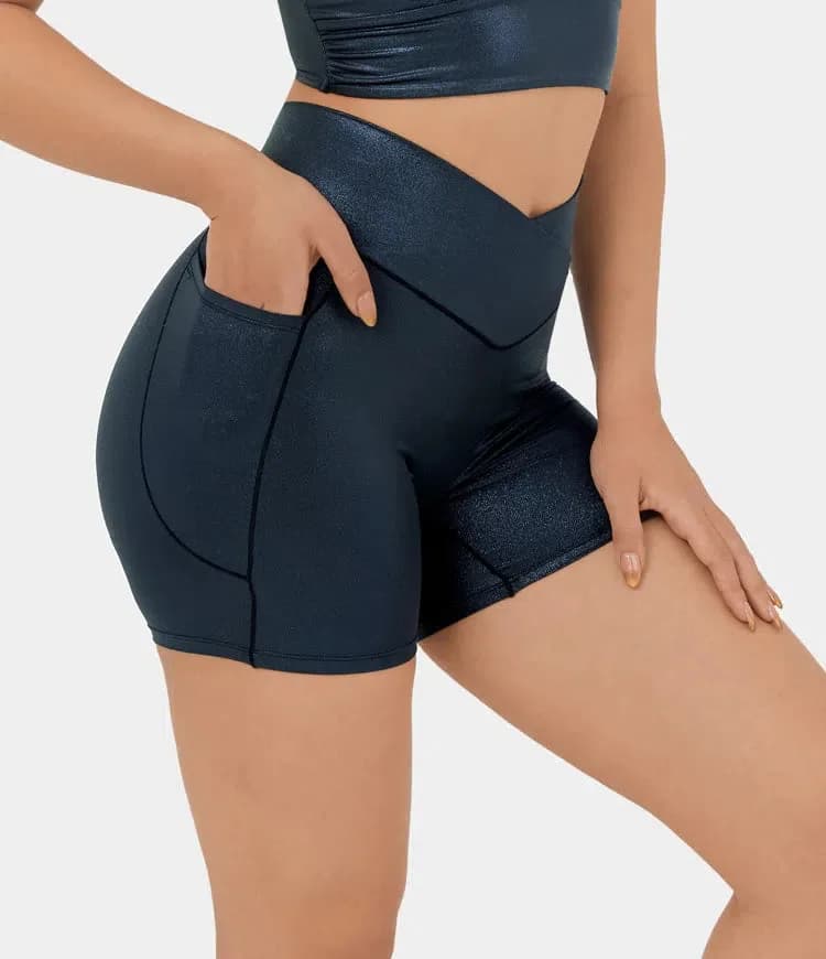 Faux Leather High Waisted Stretchy Casual Biker Shorts by Halara (Dk Blue)