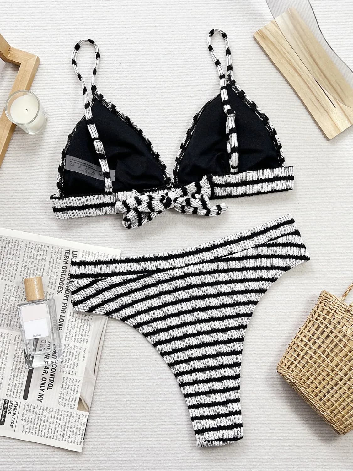 Black and White Striped V-Neck Two-Piece Swim Set