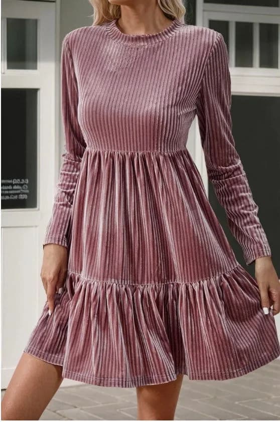 Pale Chestnut Long Sleeve Tiered Ribbed Velvet Dress