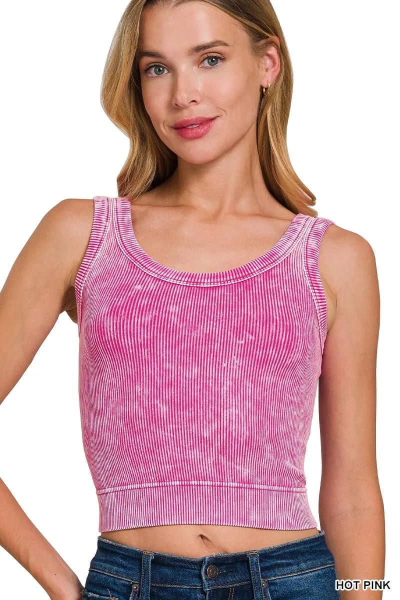 Washed Ribbed Cropped Seamless Scoop Neck Tank Top