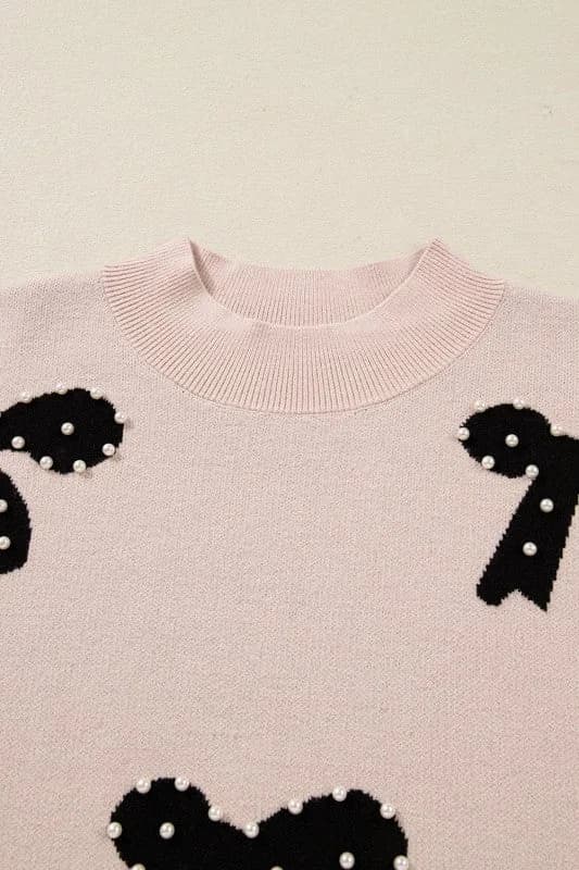 Bow Pearl Embellished Drop Shoulder Sweater