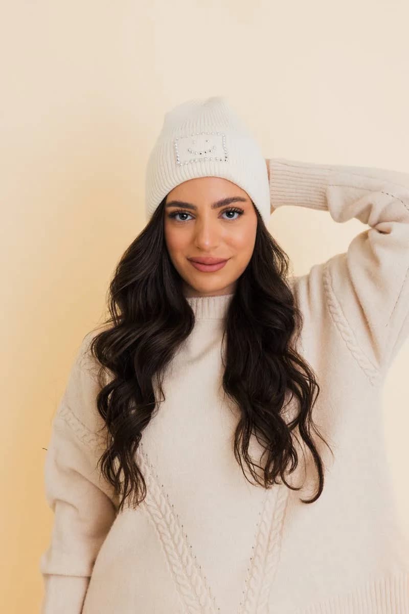 Square Embroidered Happy Fun Ribbed Beanie