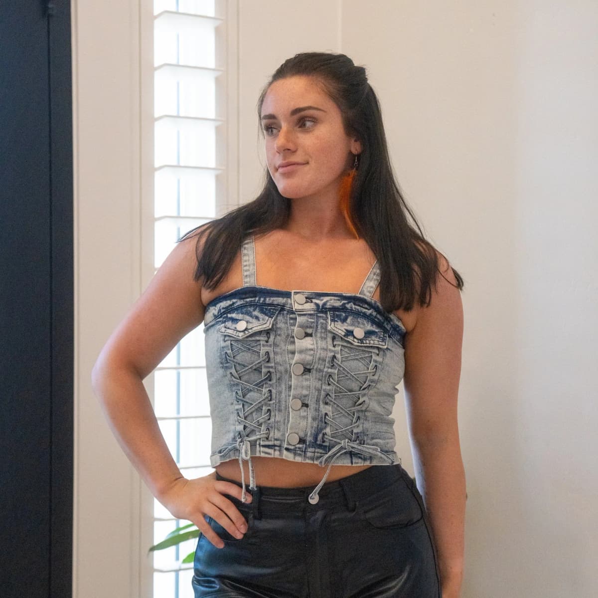 Denim Button Down Lace Up Detail Smocked Back Crop Top