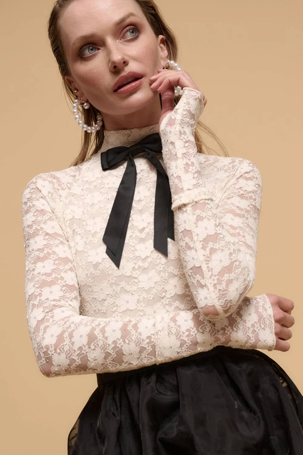 Studded Floral Lace High-Mock Neck Knit Top Cream
