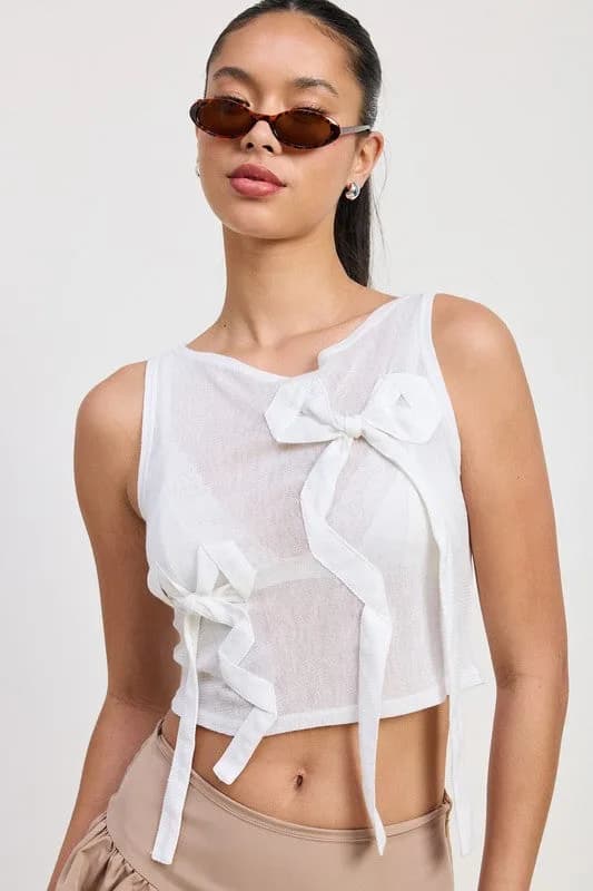 SLEEVELESS SHEER BOW TOP