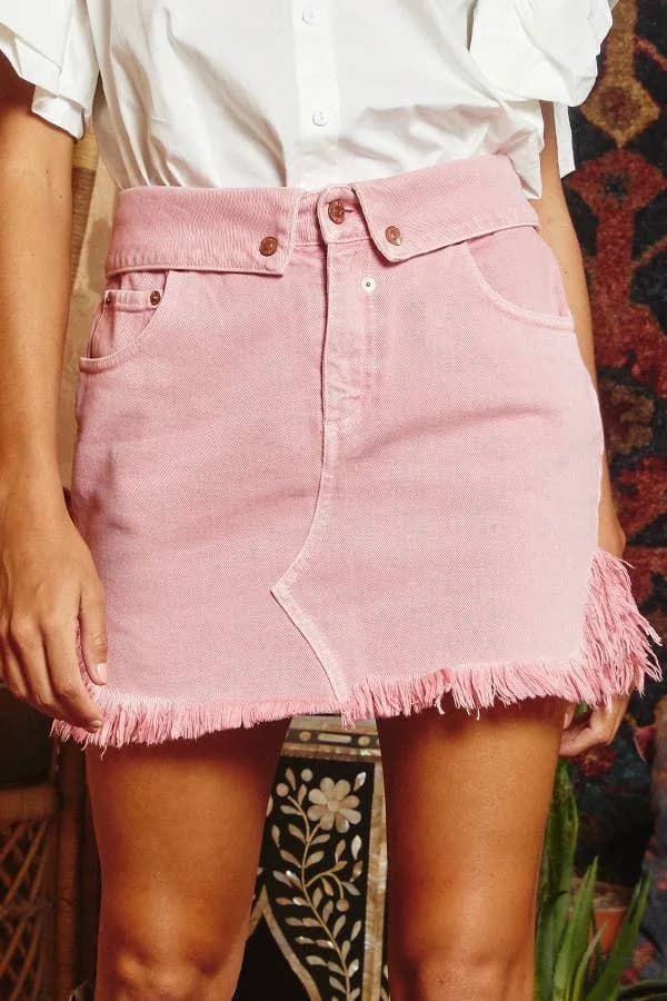 Pink Folded Waistband Raw Edge Hem Denim Mini Skirt