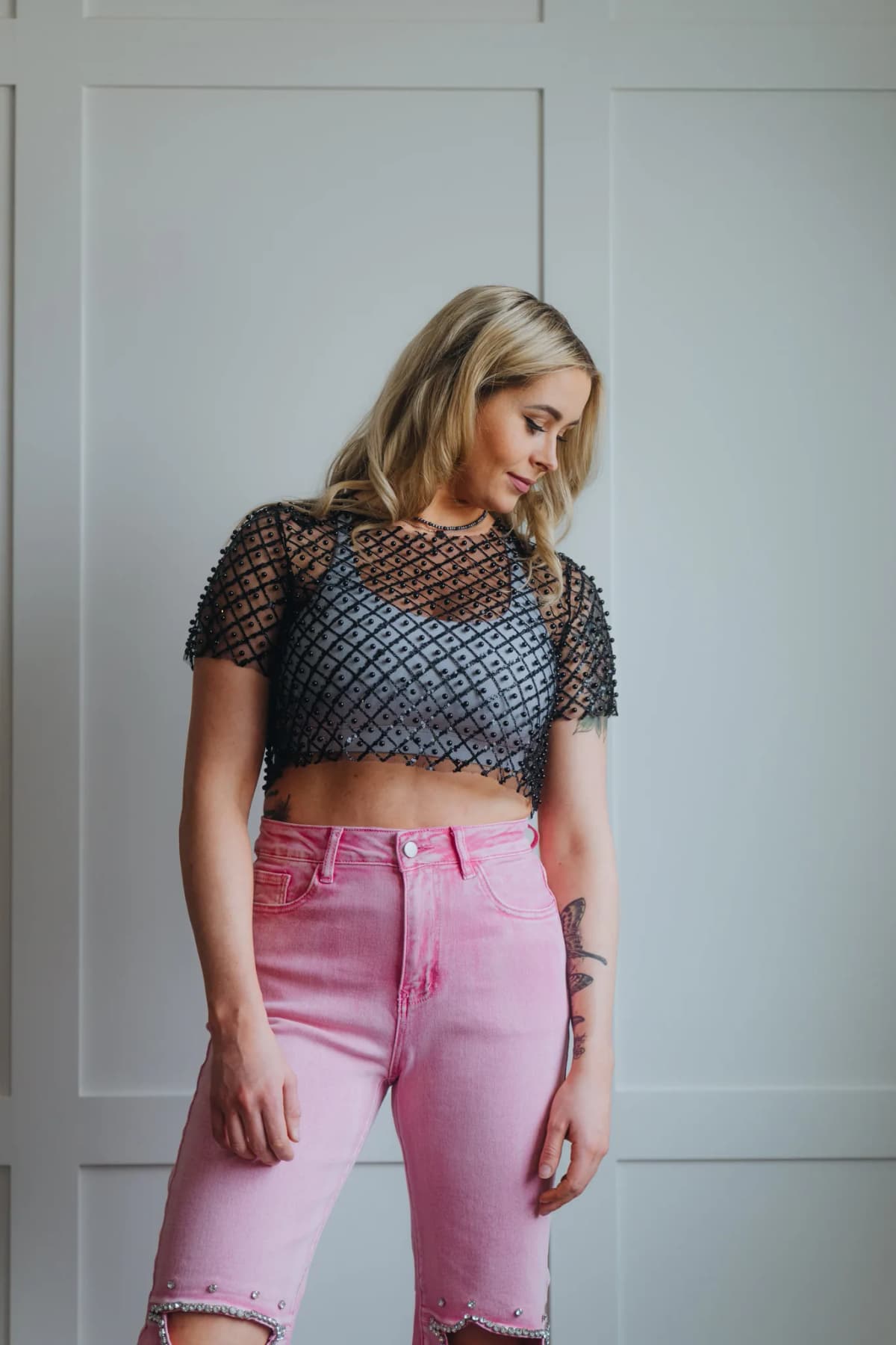 Mesh Beaded Sequin Crop Top