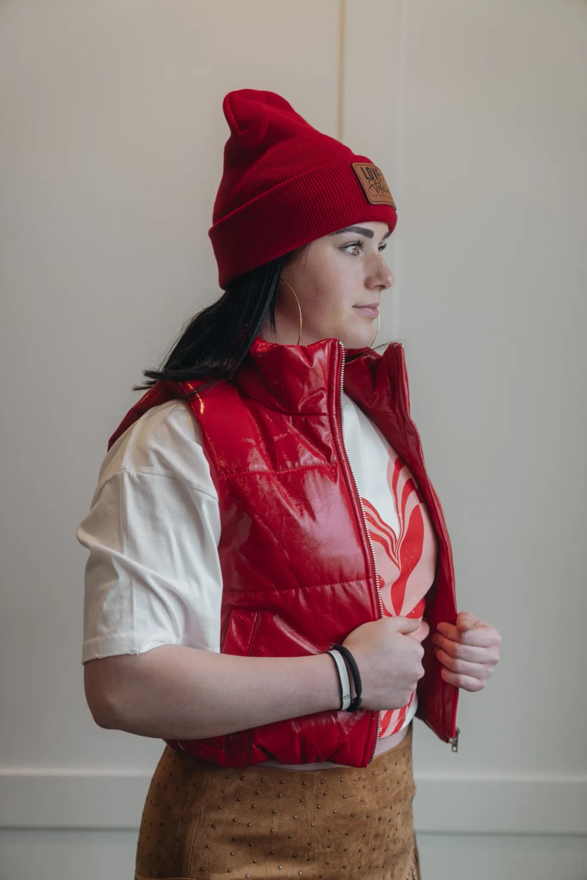 Faux Leather Puffer Vest Style Up (Red)