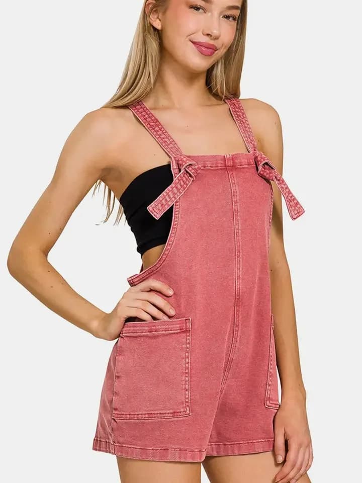 Washed Knot Strap Zenana Romper Zenana (Cabernet)