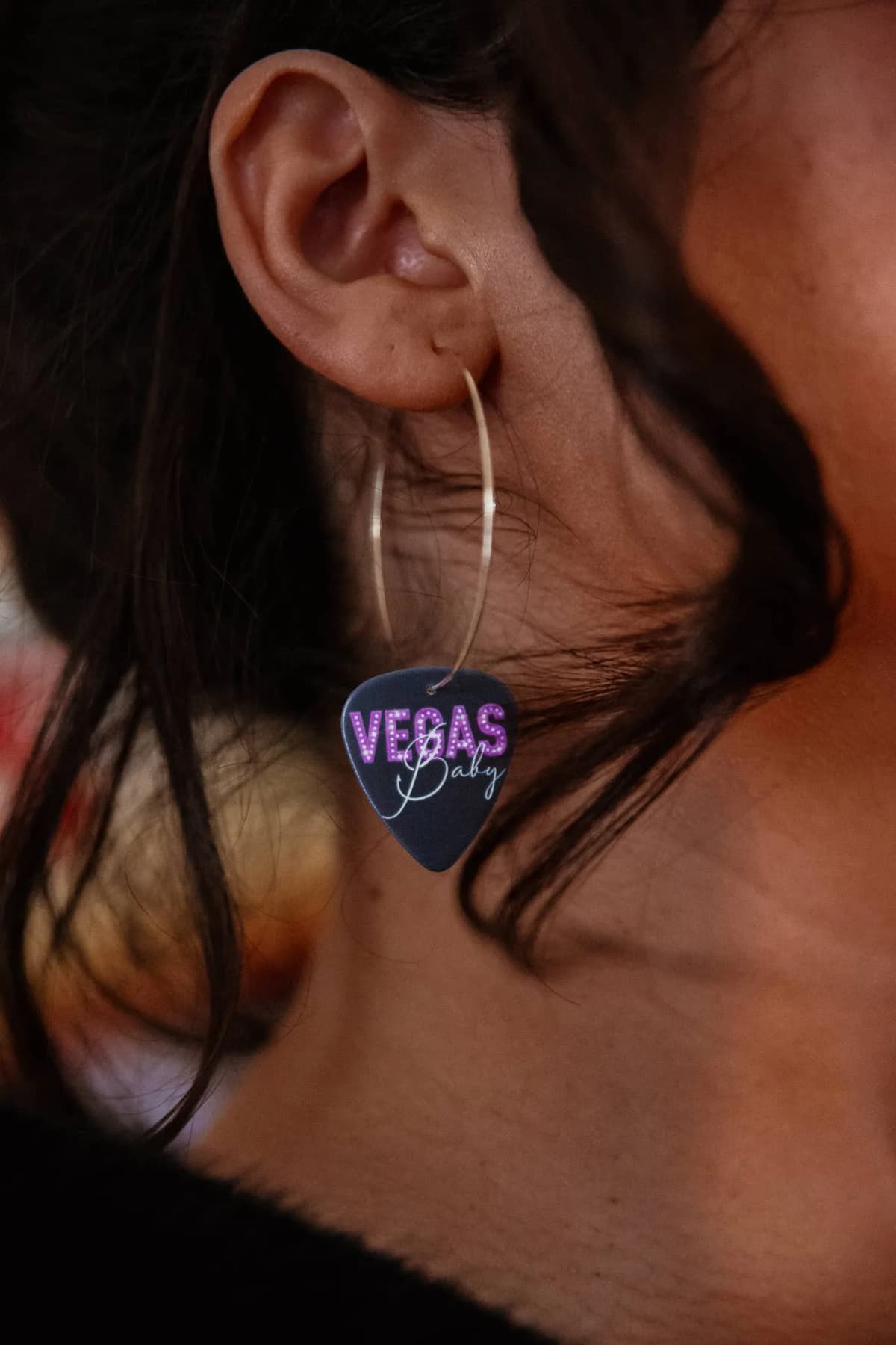 Vegas Baby Black Reversible Single Guitar Pick Earrings Stainless Steel 14k (25mm)