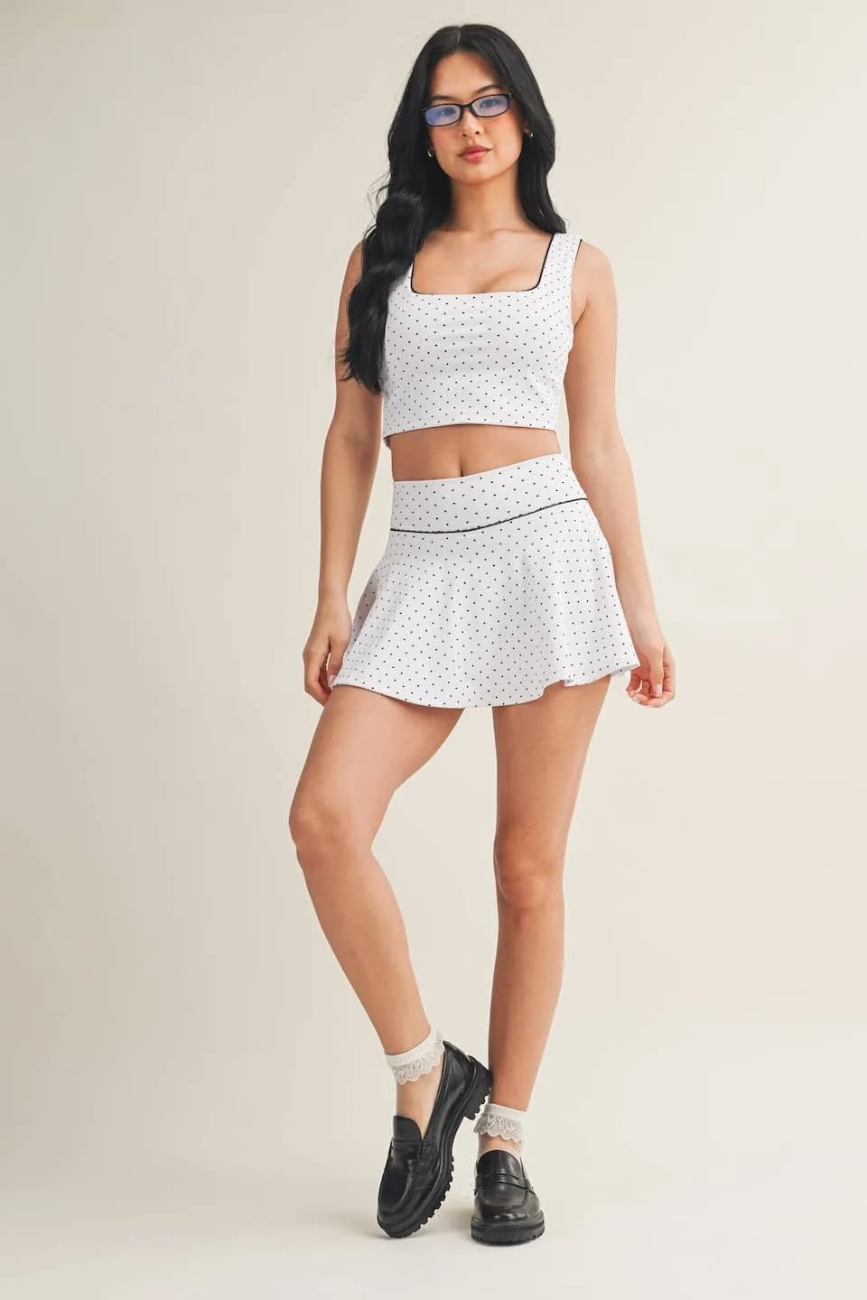 Polka Dot Print Crop Tank with Lace Trim by Kimberly C