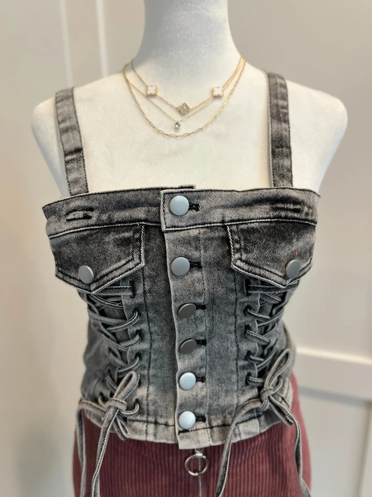 Denim Button Down Lace Up Detail Smocked Back Crop Top