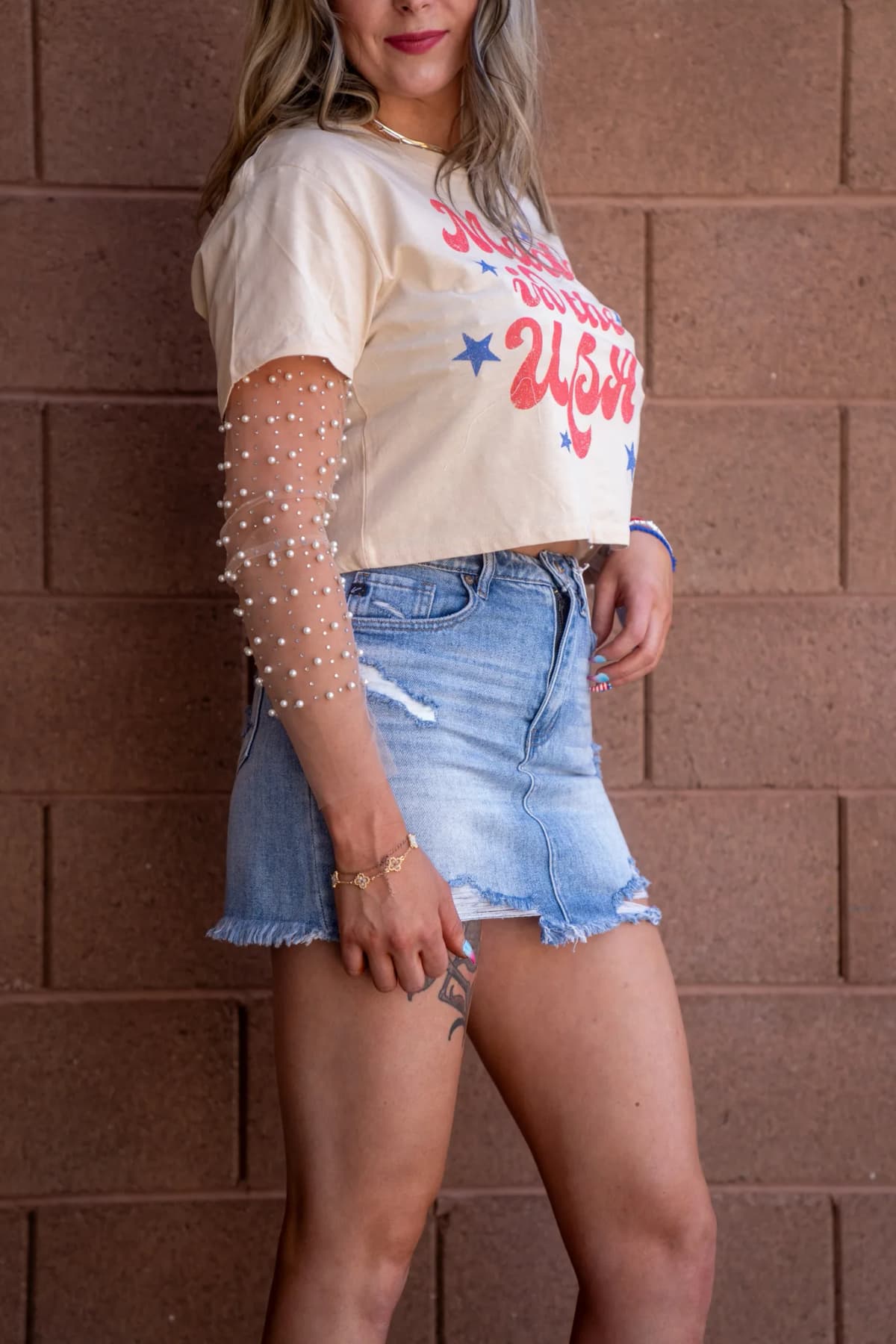 Pearl Rhinestone Studded Sheer Mesh See Through Top