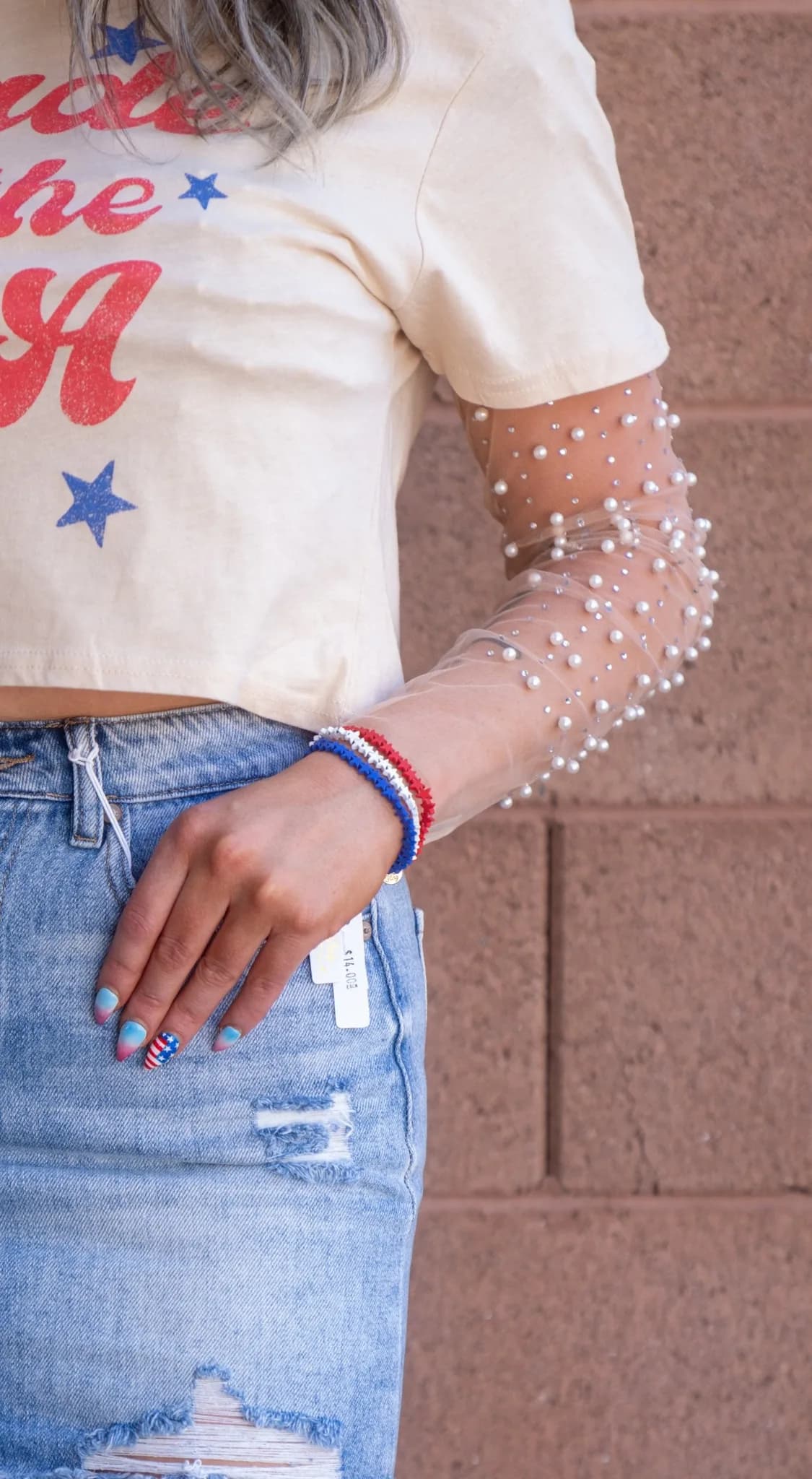Pearl Rhinestone Studded Sheer Mesh See Through Top