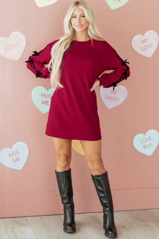 Valentine Bow Tie Long Sleeve Sweatshirt Dress