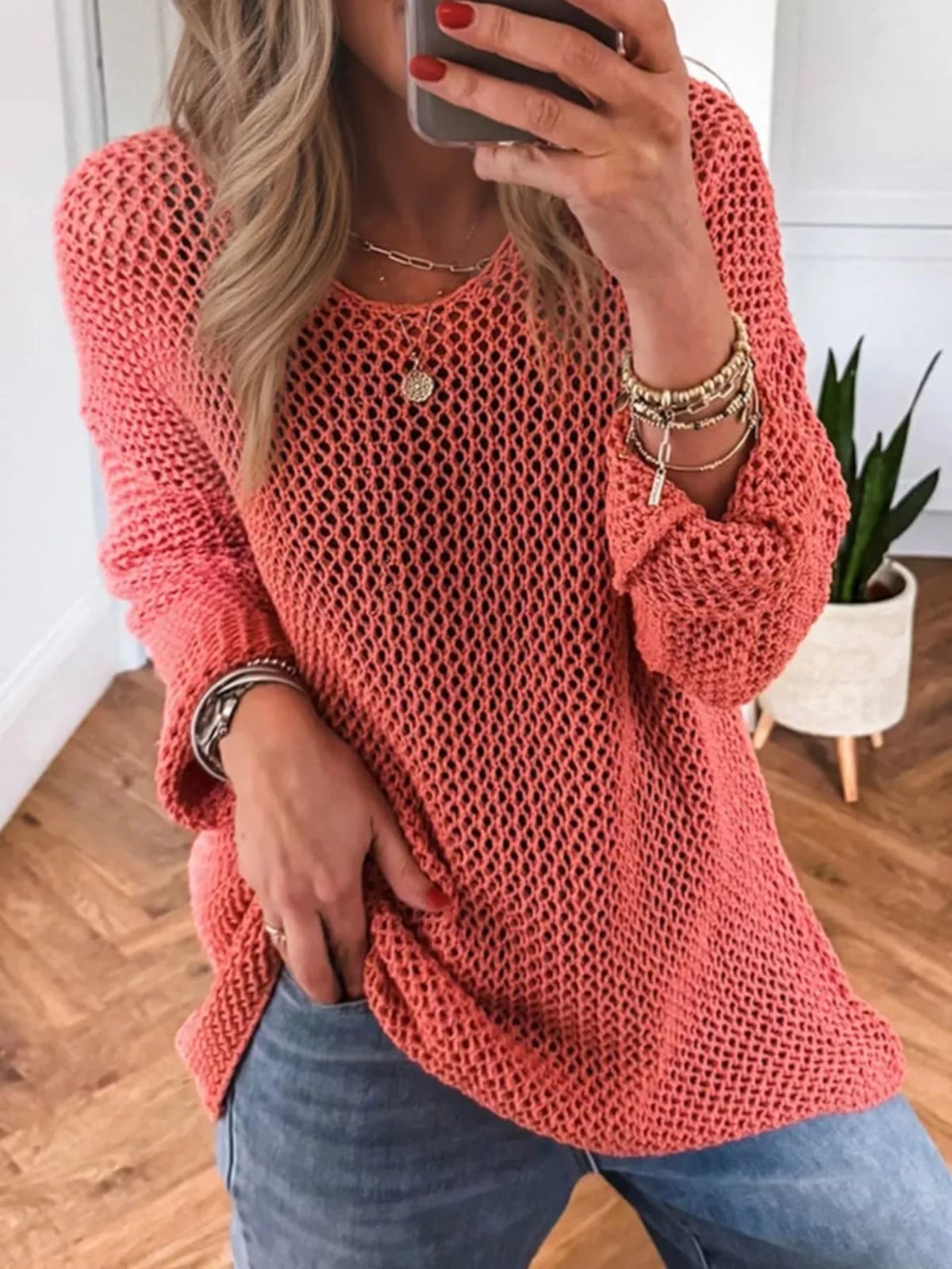 Crochet Hollow Out Long Sleeve Knit Top