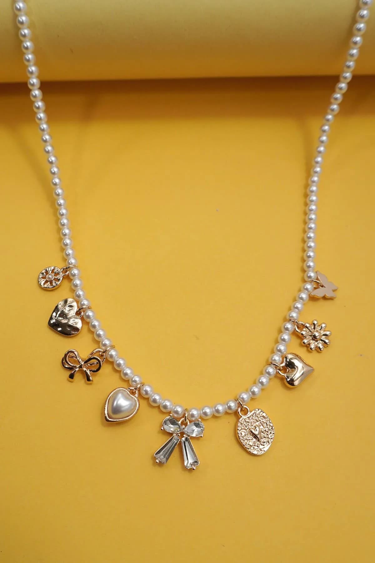 Charm Necklace Bow Sunflower Heart Pearl Chain