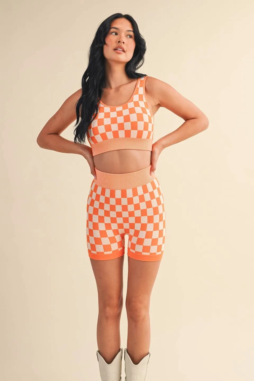 Orange Checkmate Checkered Crop Two Piece Set by Kimberly C