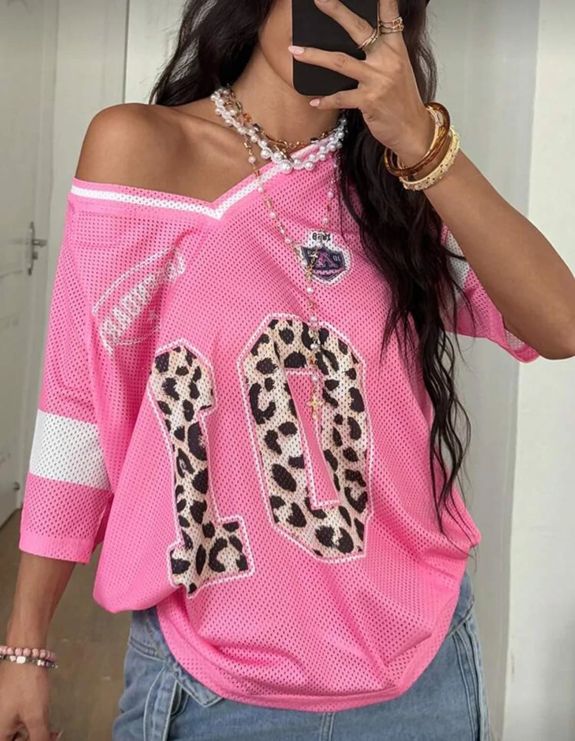 01 Leopard Pink Mesh Trim Top Jersey